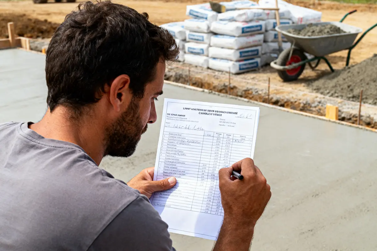 Homme examinant un document sur site de construction, avec bétonnière et sacs de ciment en arrière-plan.