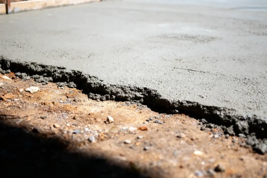 Bord de dalle de béton frais sur sol terreux éclairé par le soleil.