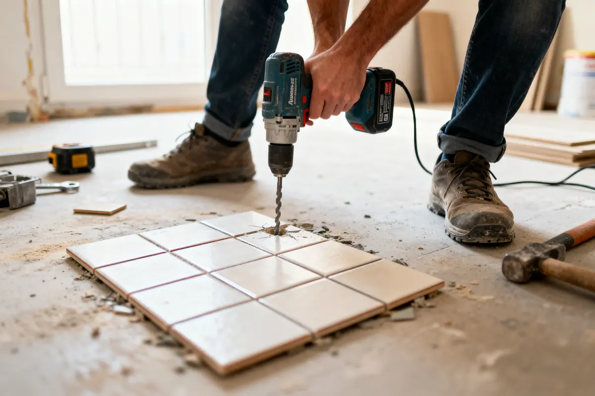 Homme perçant carrelage avec une perceuse électrique, outils au sol, chaussé de bottes robustes.
