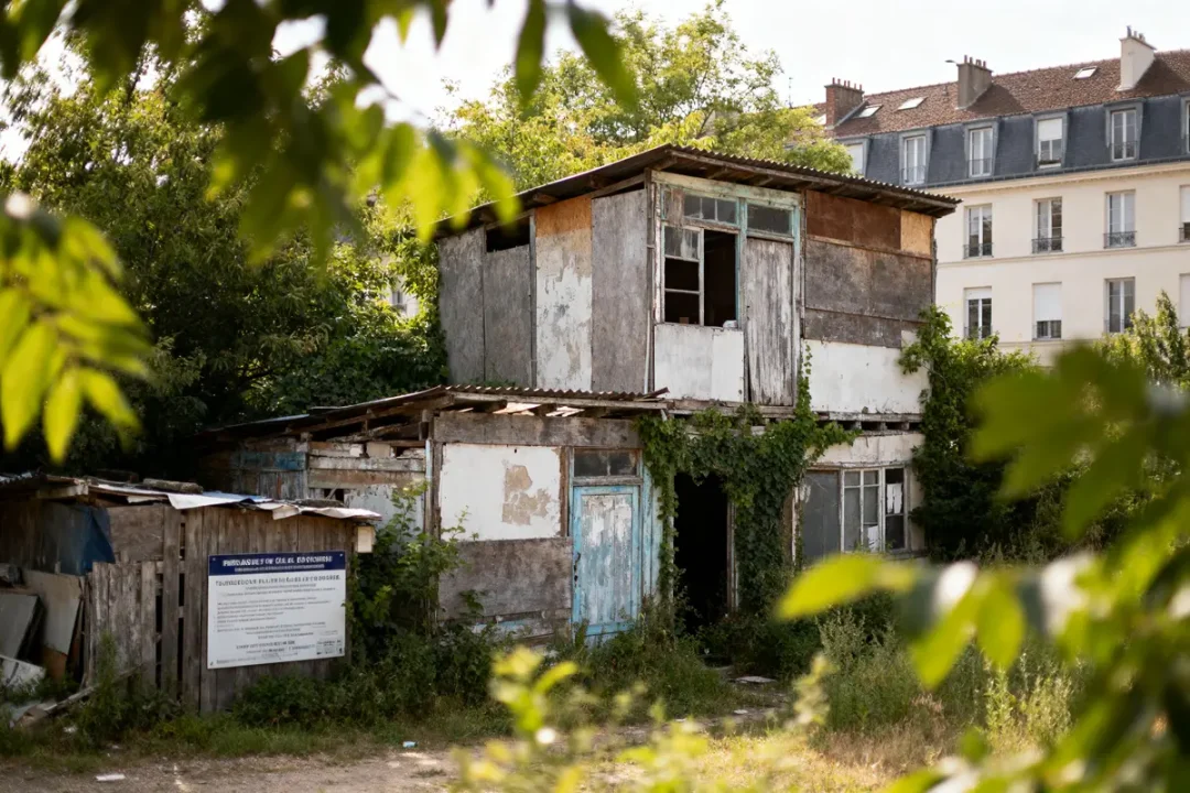Vieille maison en bois délabrée, envahie par la végétation, avec immeubles en arrière-plan.