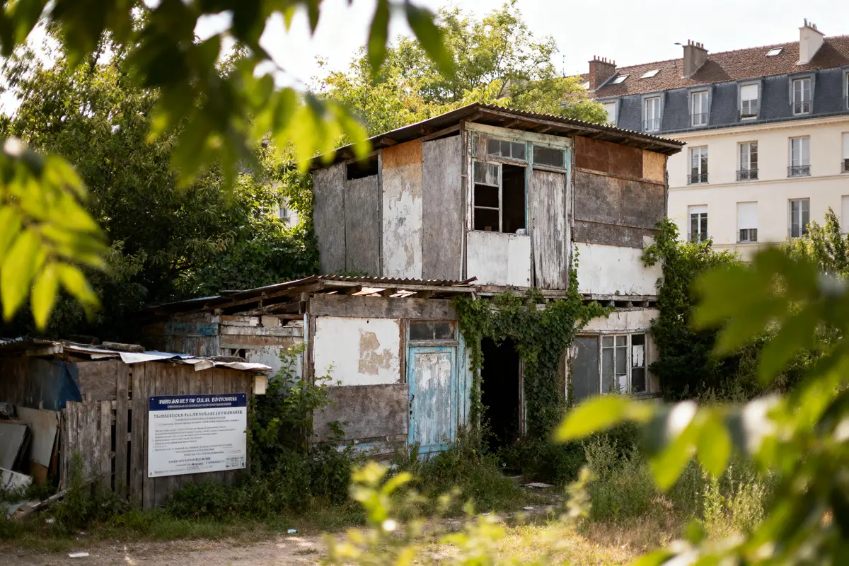 Vieille maison en bois délabrée, envahie par la végétation, avec immeubles en arrière-plan.