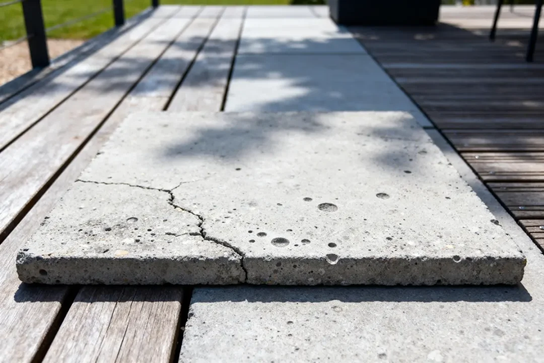 Dalle de béton fissurée sur terrasse en bois, ombragée par la lumière du soleil.