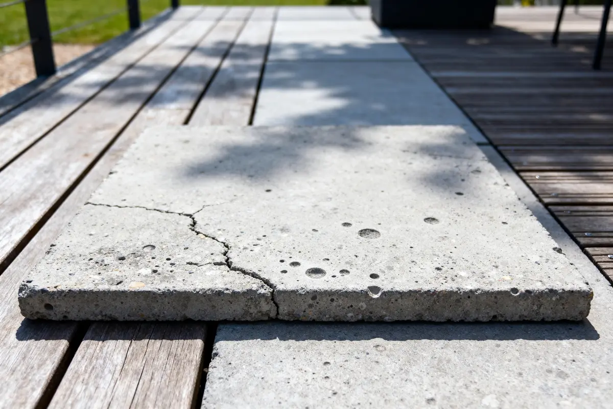 Dalle de béton fissurée sur terrasse en bois, ombragée par la lumière du soleil.