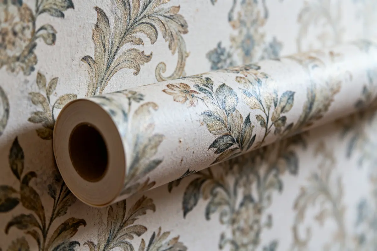 Rouleau de papier peint avec motif floral sur fond beige.