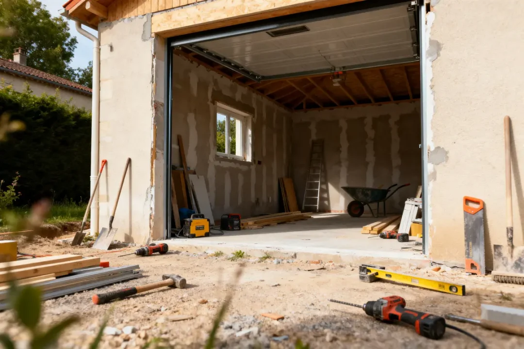 Garage en construction avec outils, planches, échelle et brouette, fenêtres ouvertes, lumière naturelle entrant.