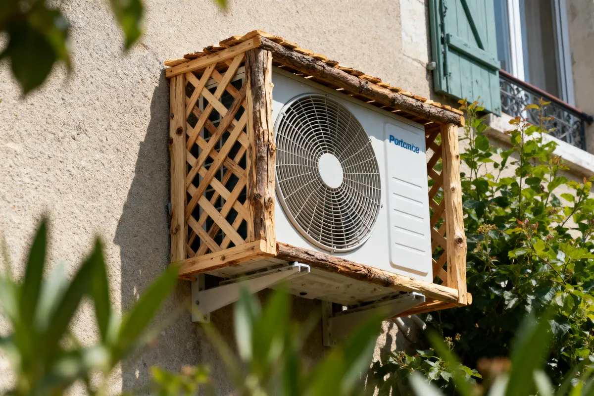 Climatiseur extérieur encastré dans une structure en bois, fixé sur un mur, entouré de feuillage.