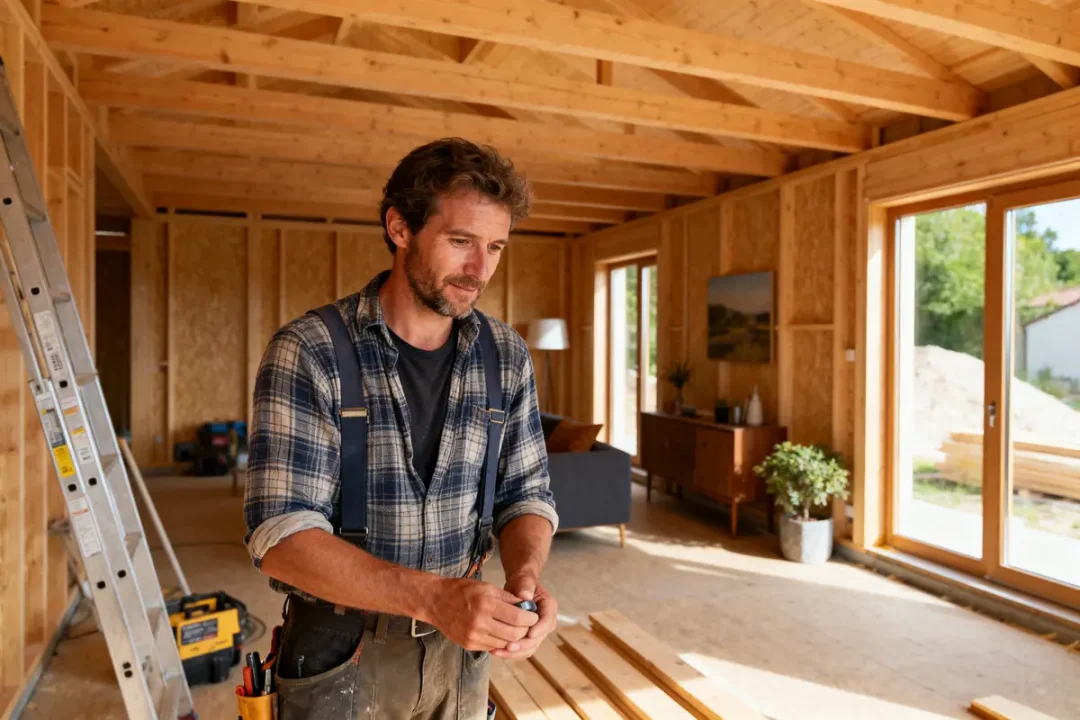 Homme dans une maison en construction en bois, tenant un outil, intérieur lumineux avec fenêtre.
