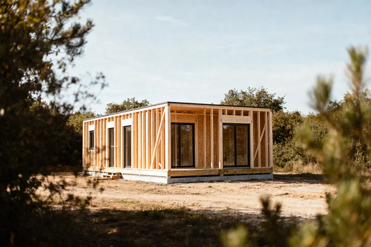 Maison préfabriquée en construction, structure bois, grandes baies vitrées, entourée d'arbres et ciel bleu.