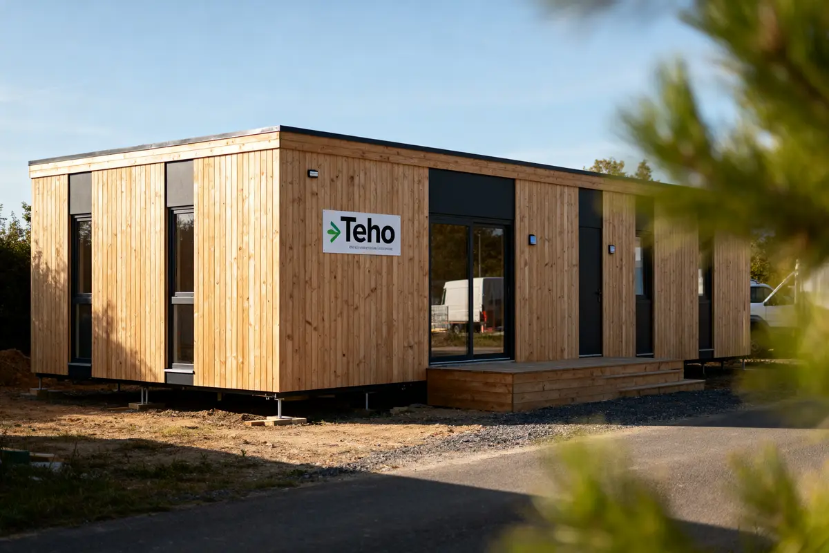 Bâtiment modulaire en bois avec logo "Teho" sur la façade, situé en extérieur sous un ciel ensoleillé.