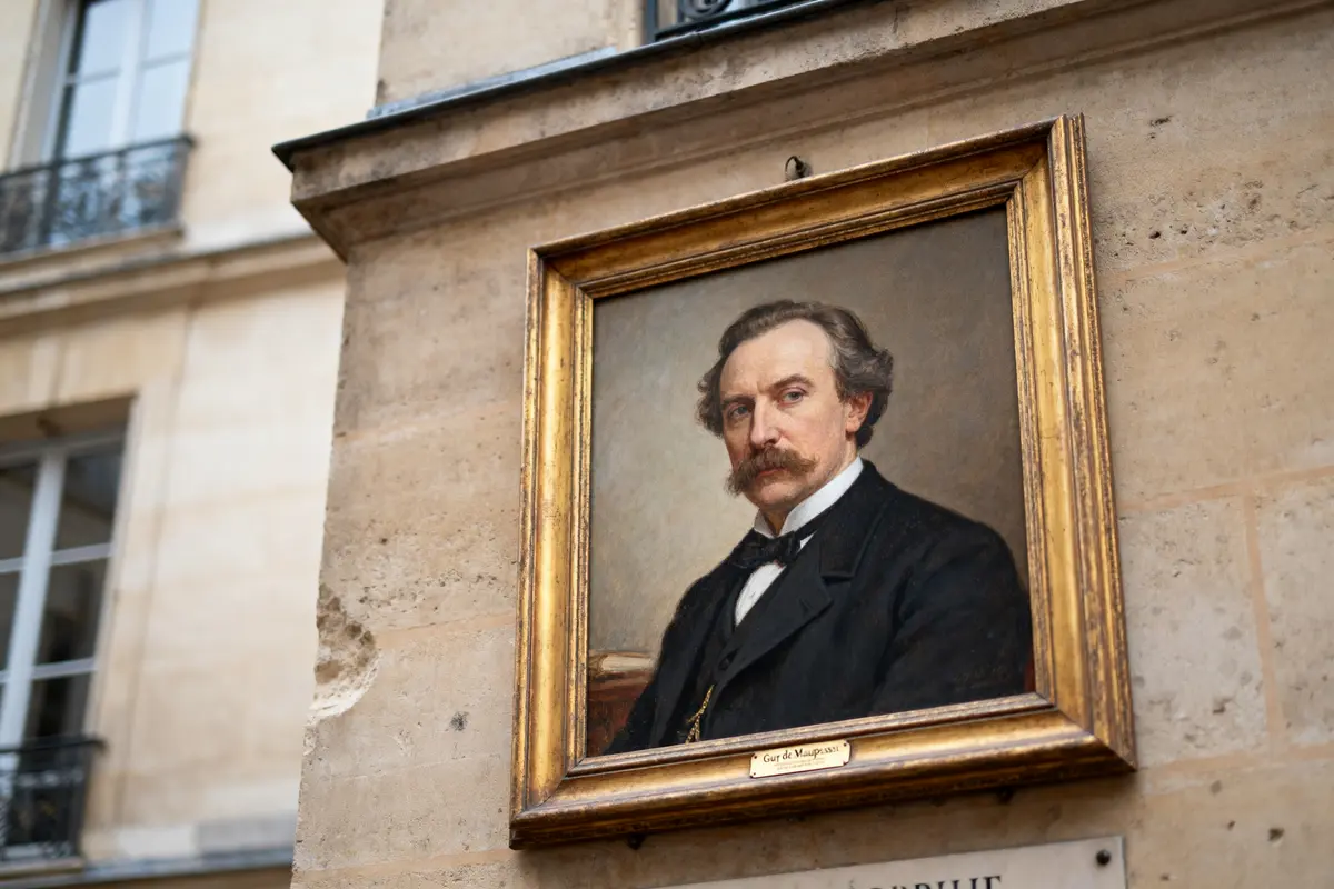 Portrait encadré d'un homme moustachu, suspendu à un mur en pierre à l'extérieur d'un bâtiment.