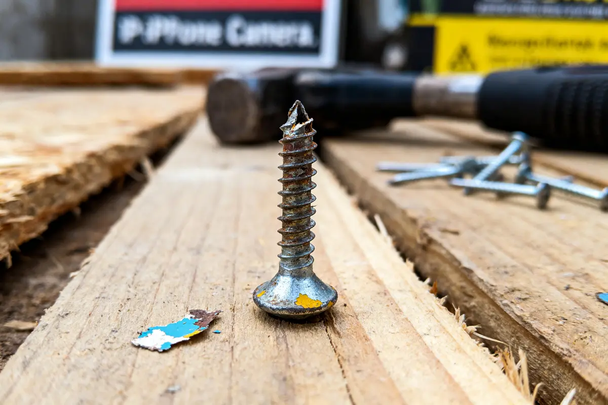 Vis, marteau et bois sur surface en bois, avec arrière-plan flou.