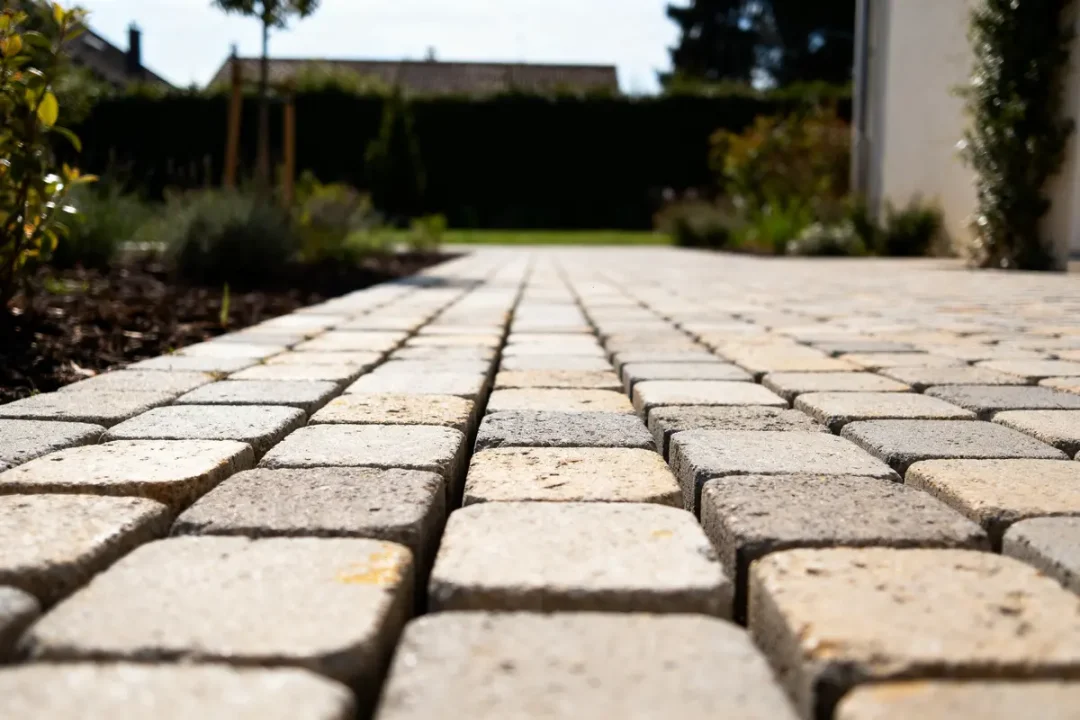 Allée en pavés de pierre beige, perspective au ras du sol, avec jardin en arrière-plan.