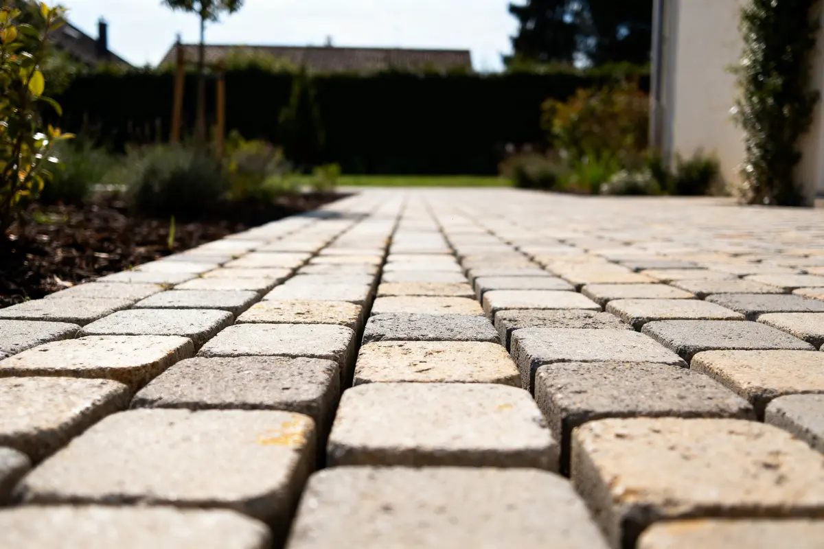 Allée en pavés de pierre beige, perspective au ras du sol, avec jardin en arrière-plan.