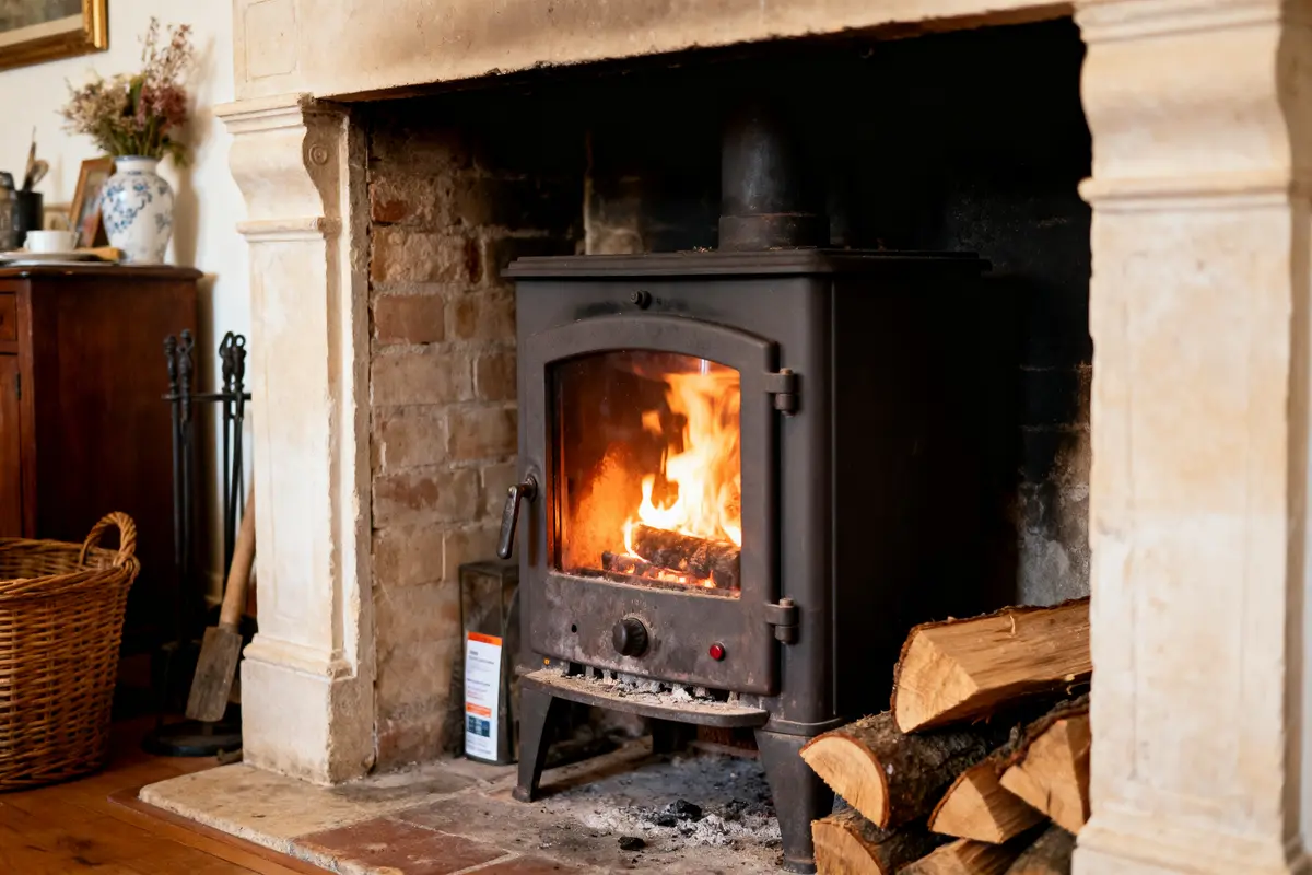 Poêle à bois en fonte, feu allumé, bûches à proximité, intérieur chaleureux et rustique avec accessoires.