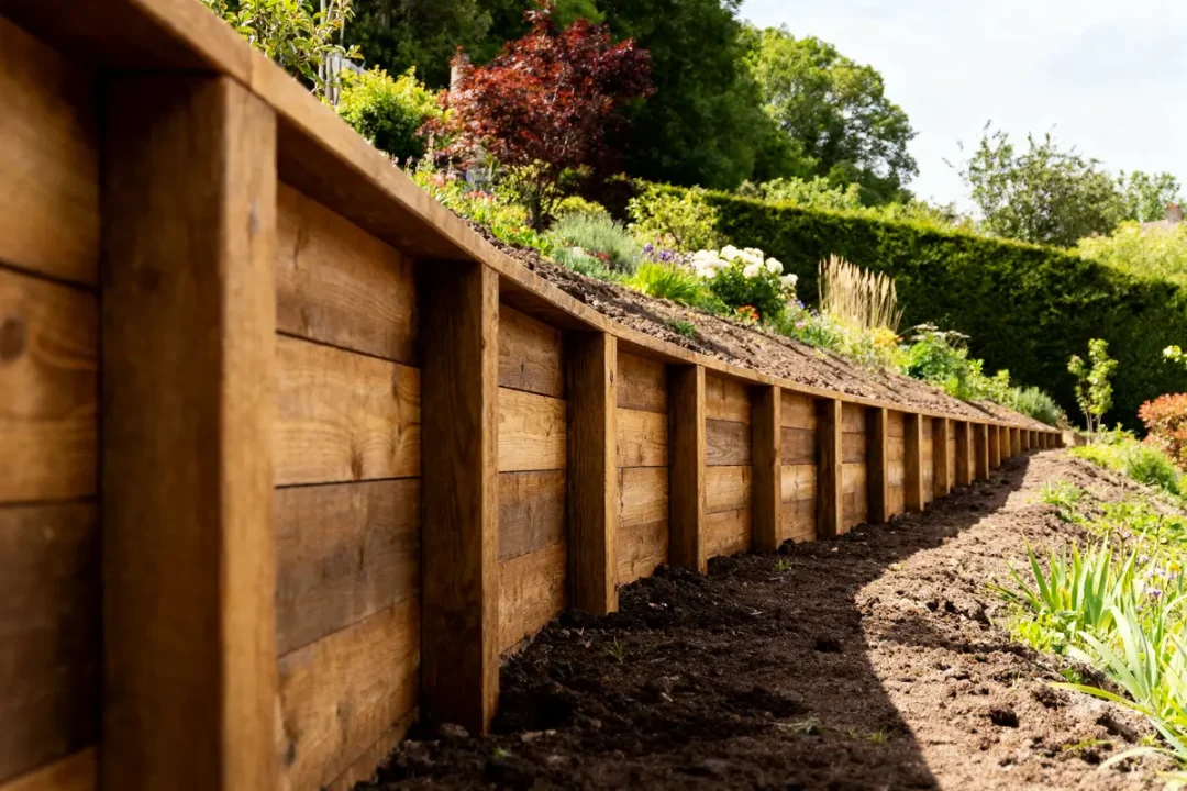 Mur de soutènement en bois bordant un jardin en pente, avec végétation et buissons verdoyants.
