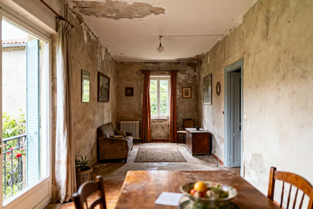 Pièce ancienne avec murs délabrés, mobilier vieilli, fenêtres lumineuses, table, chaise, canapé, tableaux, tapis.
