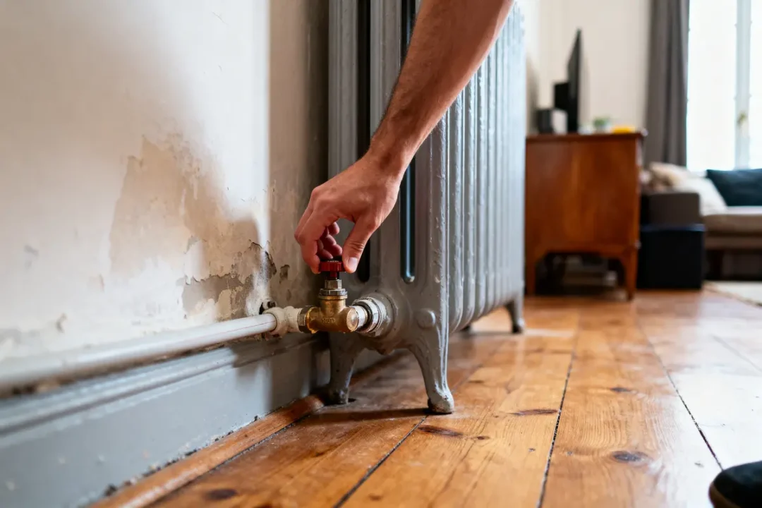 Main ajustant robinet radiateur, parquet bois, mur endommagé, intérieur maison.