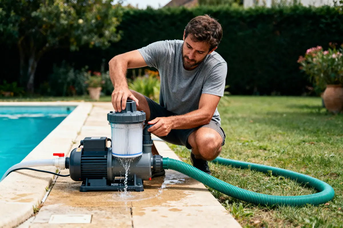 Homme entretenant une pompe de piscine avec tuyau vert et jardin en arrière-plan.