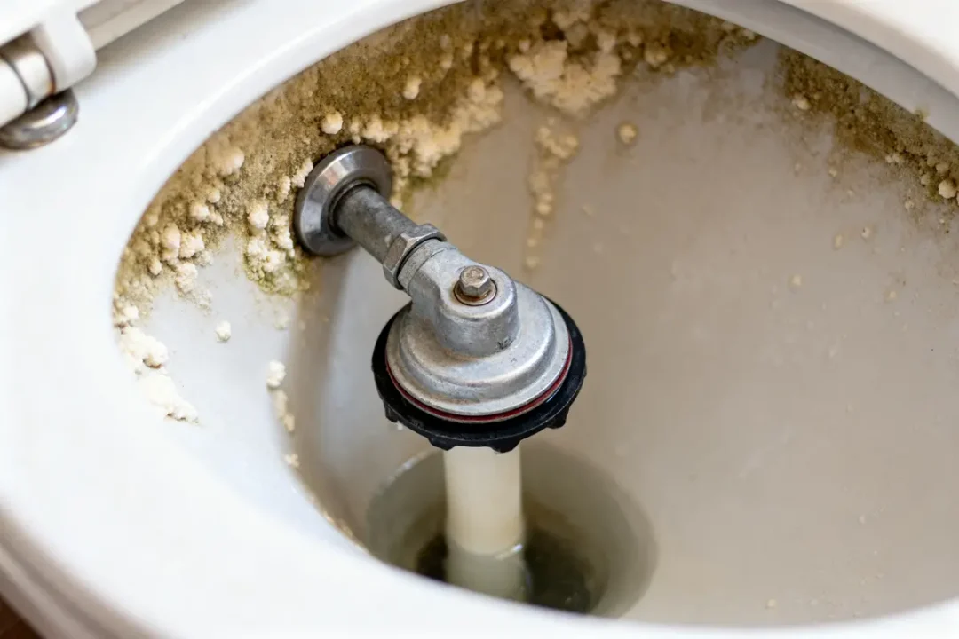 Intérieur d'une cuvette de toilette avec accumulation de calcaire visible.