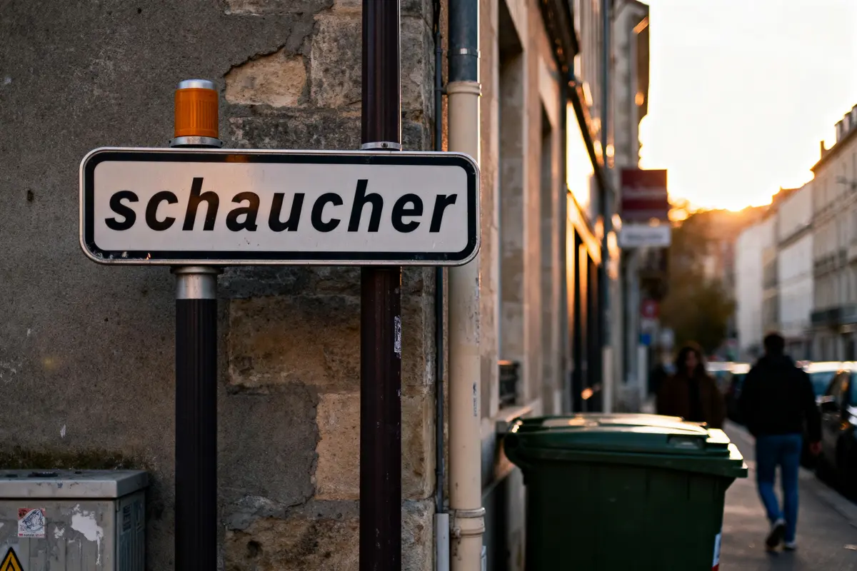 Panneau de rue "Schaucher" sur mur en pierre, poubelle verte, piétons et lumière du coucher de soleil.