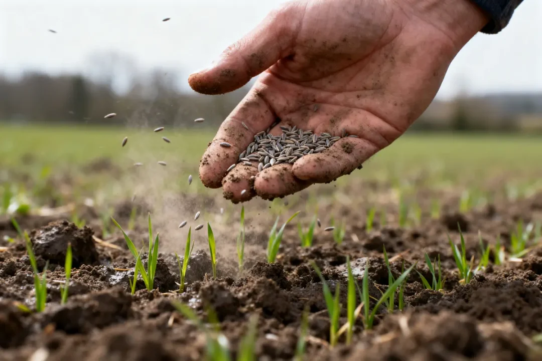 Main semant des graines sur un champ enherbé et fertile.