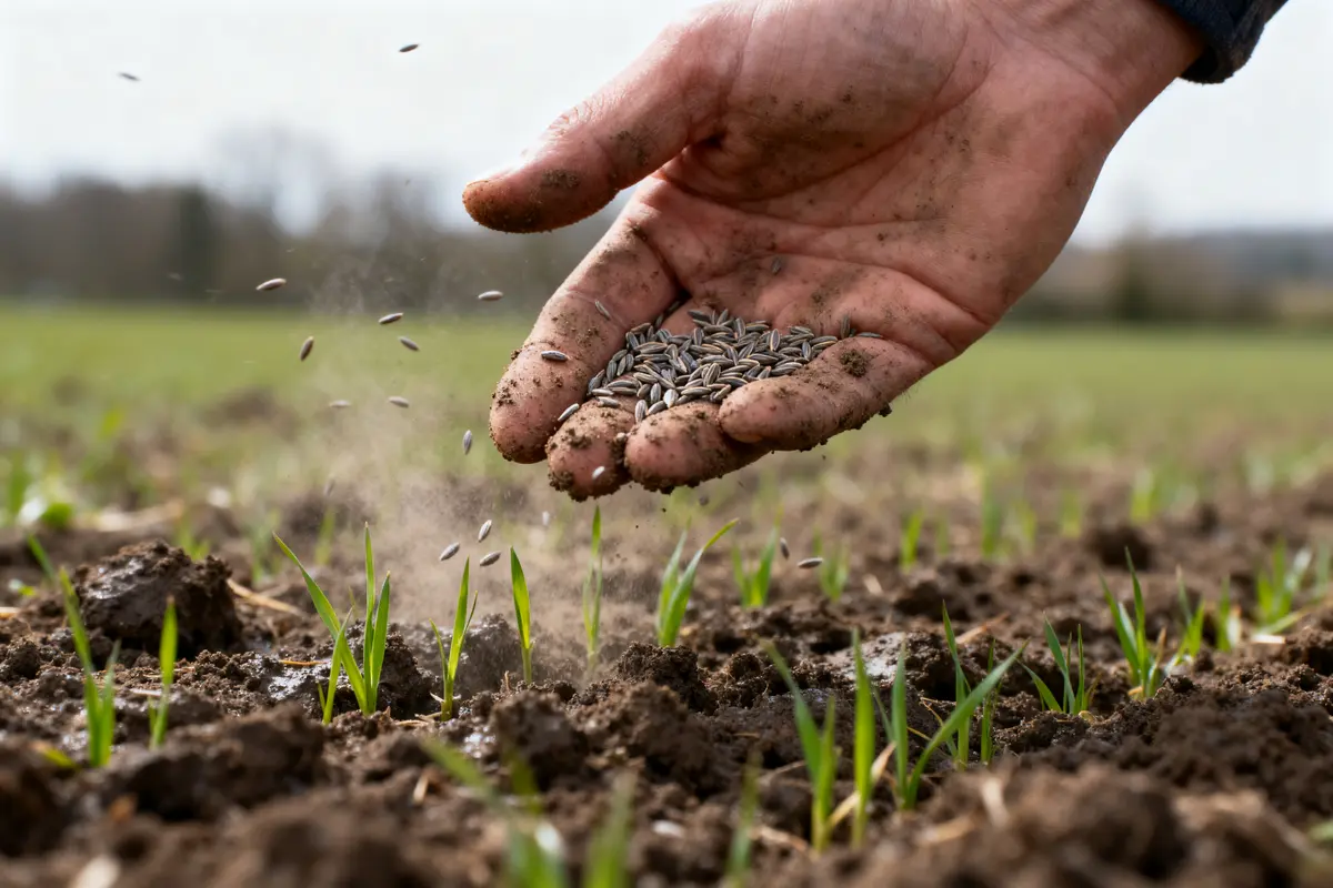 Main semant des graines sur un champ enherbé et fertile.