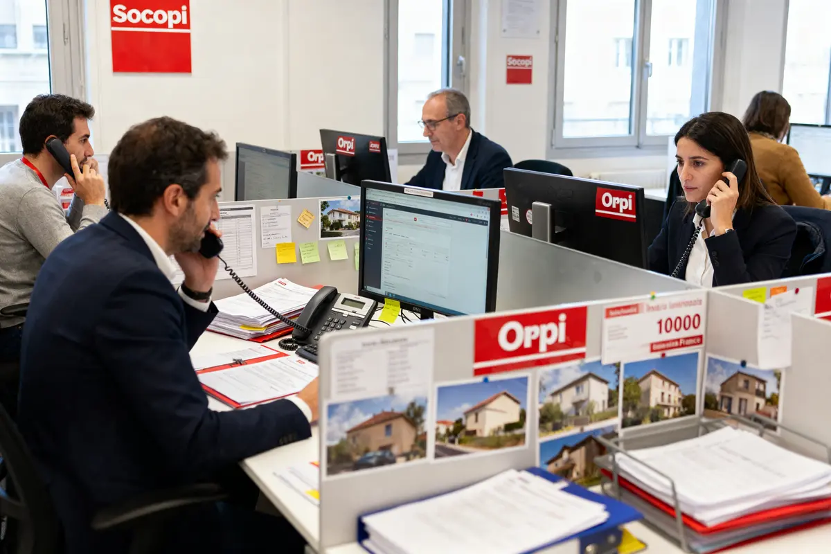 Des agents immobiliers travaillent dans un bureau, utilisant des téléphones et des ordinateurs, avec des affiches "Orpi".
