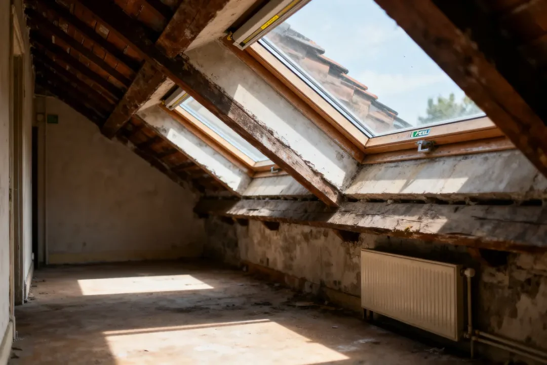 Grenier avec plafond en bois, lucarnes ensoleillées et un radiateur sur mur. Sol en béton.