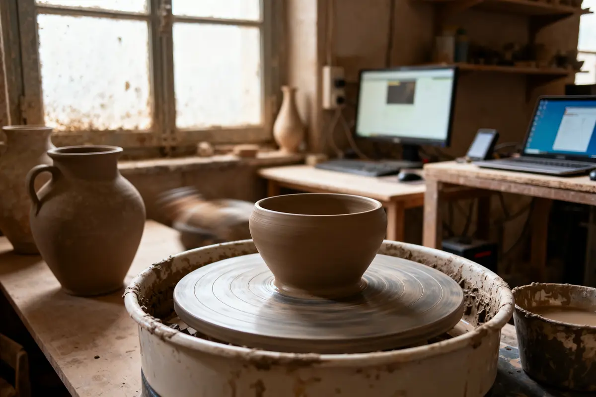 Atelier de poterie avec un bol sur un tour, bureau en arrière-plan avec ordinateurs.