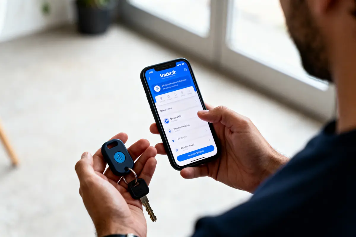 Homme utilisant application Trackr.fr sur smartphone, tenant un porte-clés connecté et clé de voiture.