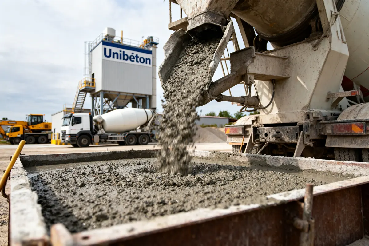Camion de ciment déversant béton humide, usine Unibéton en arrière-plan, ciel nuageux.