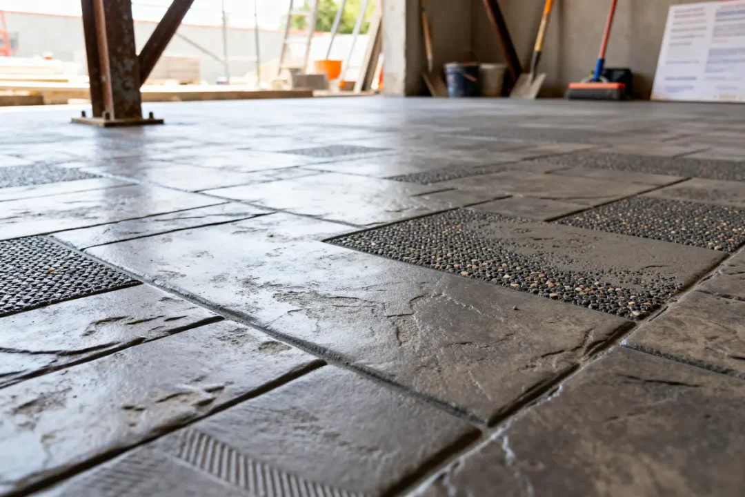 Sol en béton imprimé brut en intérieur montrant motifs et détails prix au m2 estimé