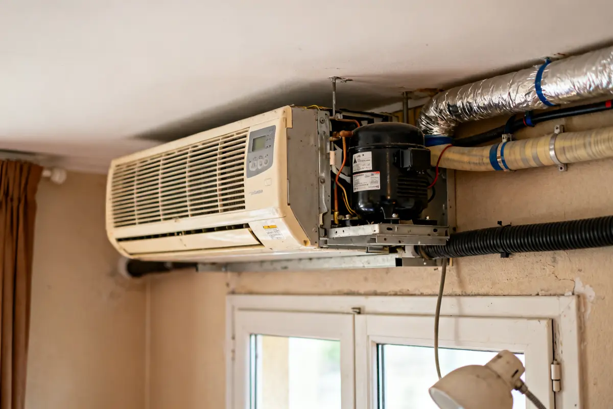 Climatisation gainable démontée exposant le fonctionnement des conduits et du compresseur.