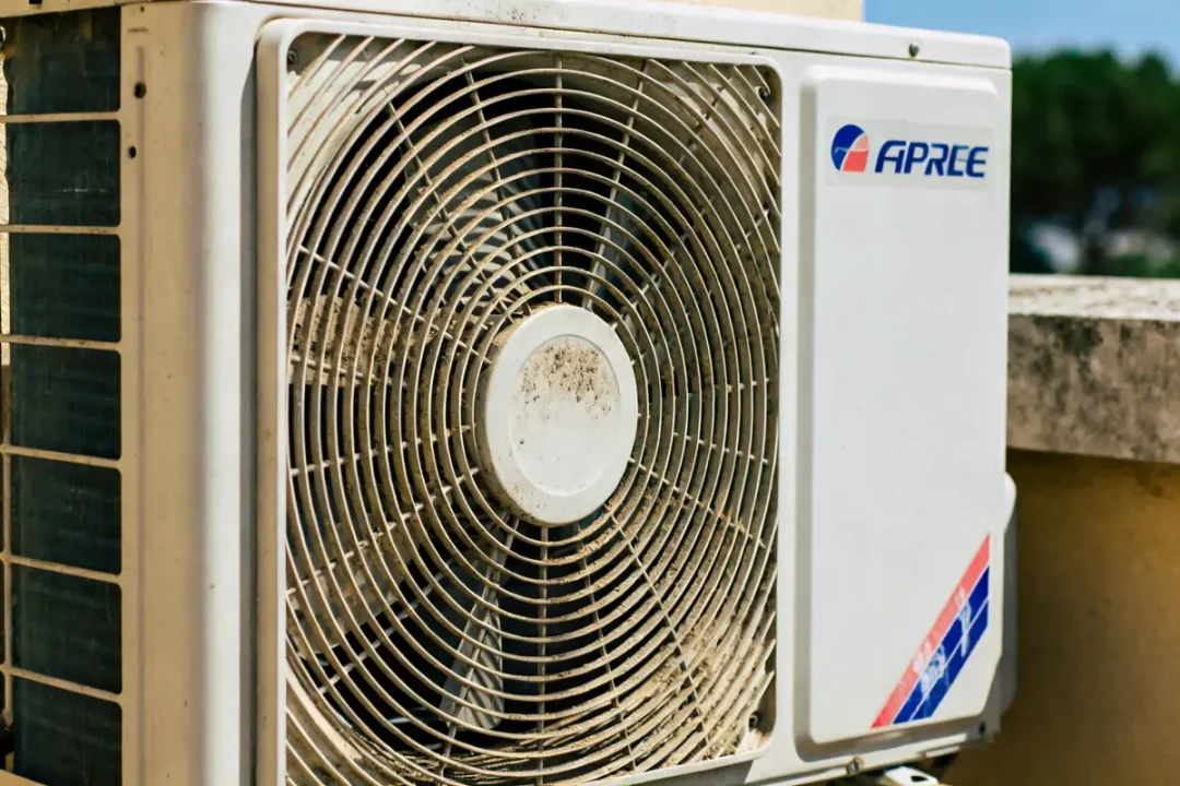 Unité extérieure de climatiseur qui fait du bruit avec hélice visible sur le balcon