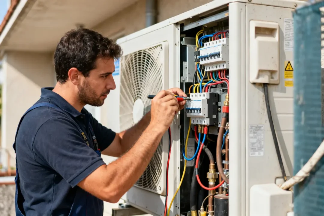 Technicien effectuant un dépannage clim réversible sur unité extérieure multicolore en fonctionnement