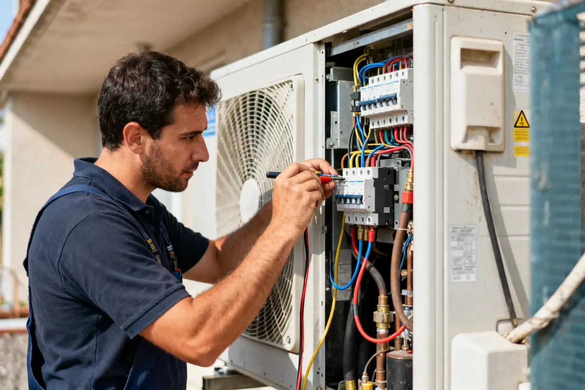 Technicien effectuant un dépannage clim réversible sur unité extérieure multicolore en fonctionnement