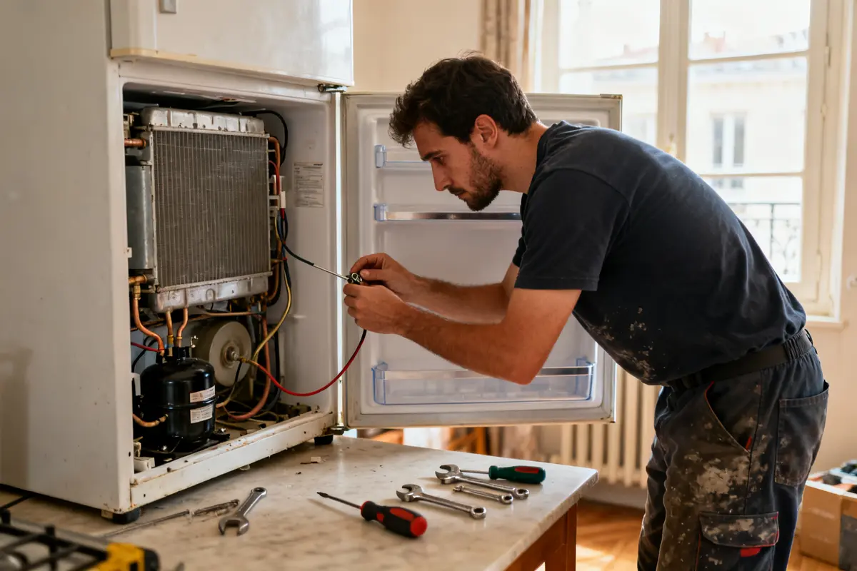 Technicien effectuant un dépannage frigo professionnel avec des outils sur une table de travail
