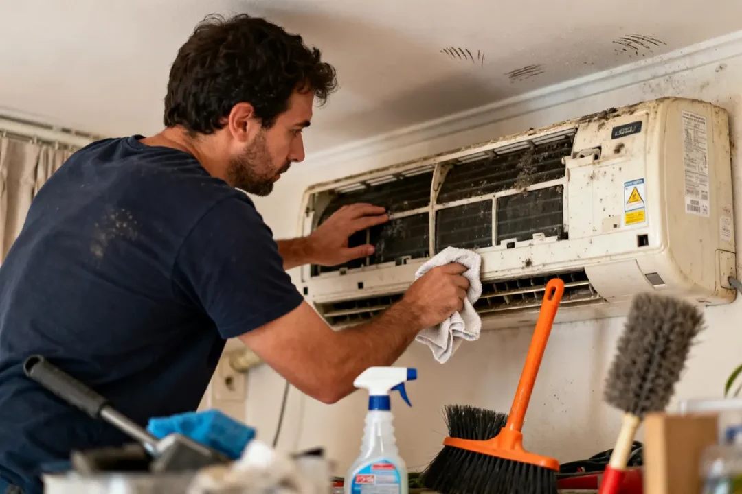 Technicien nettoyant un climatiseur intérieur démontrant l'entretien clim obligatoire essentiel pour son bon fonctionnement