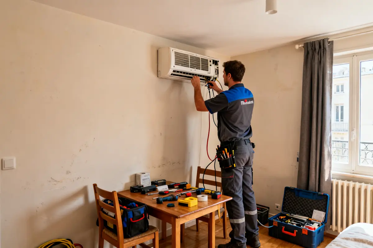 Technicien effectuant un entretien climatisation prix avec outils sur table et mur intérieur