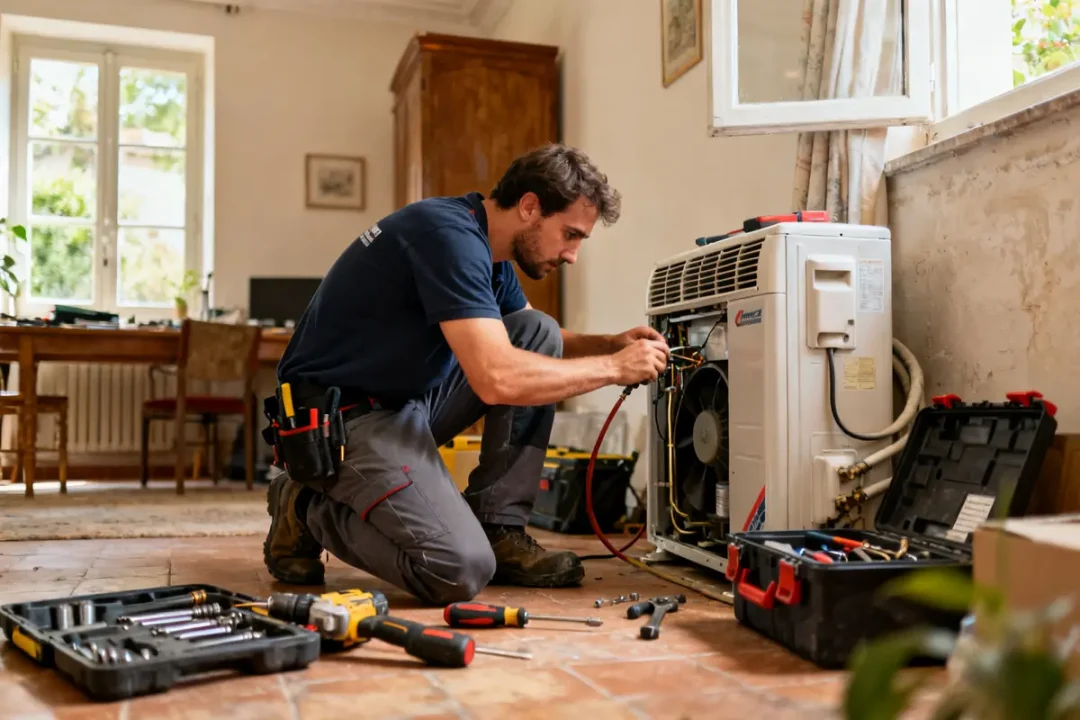 Technicien répare climatiseur intérieur pour entretien climatisation tous les combien question fréquente utilisateurs