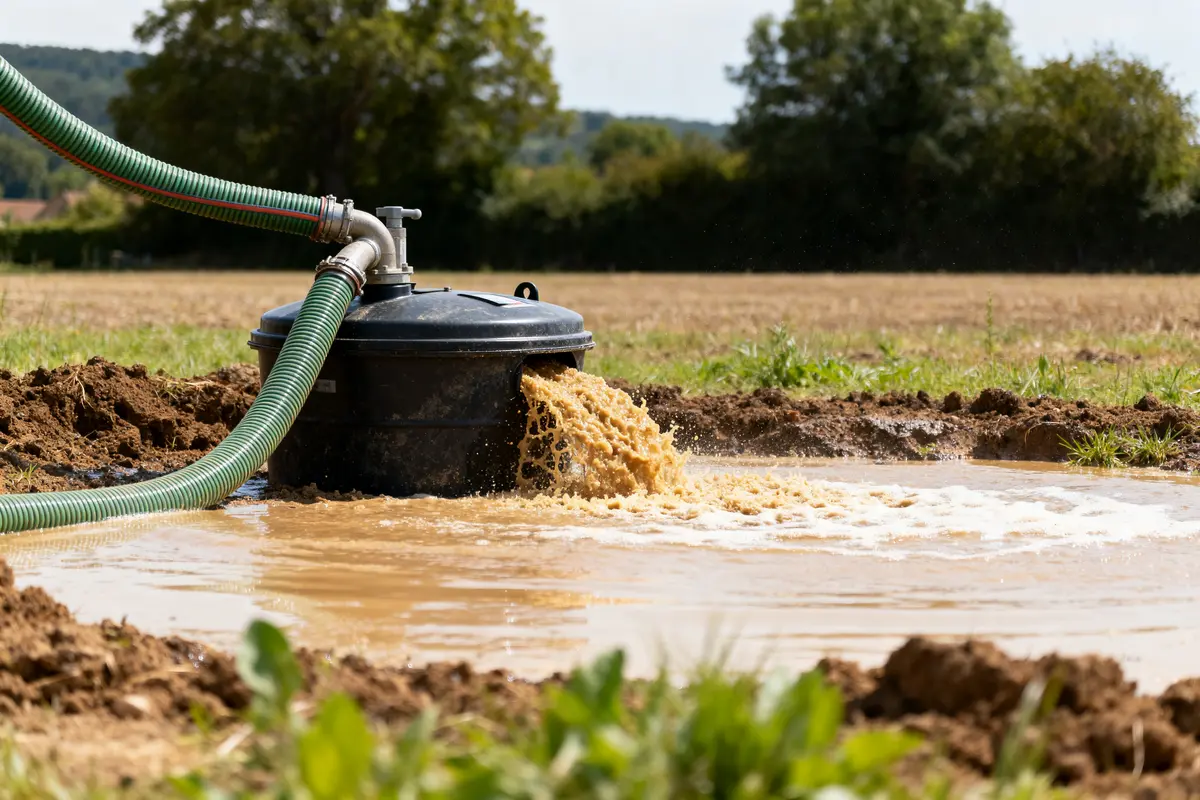 Épandage fosse septique avec tuyaux vidant liquide dans un champ ouvert terreux