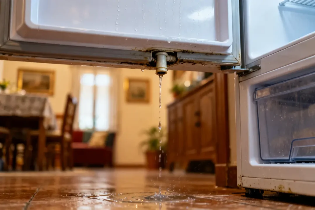 Fuite d'eau visible depuis un frigo qui coule en bas dans la cuisine