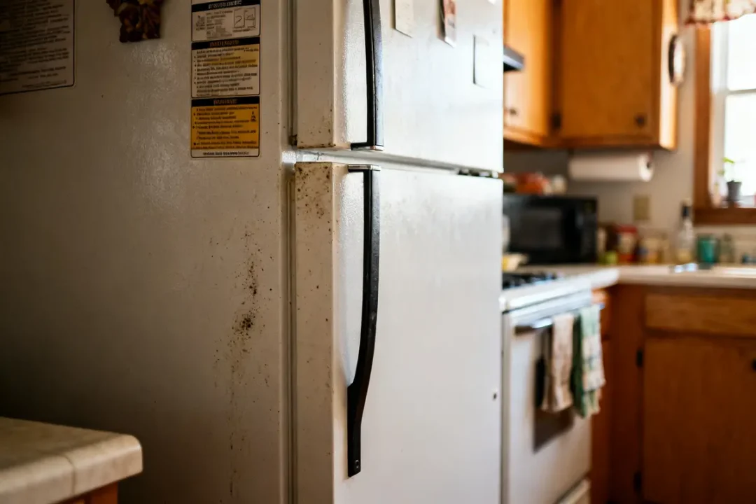 Réfrigérateur blanc usé dans une cuisine, frigo qui fait du bruit bourdonnement persistant