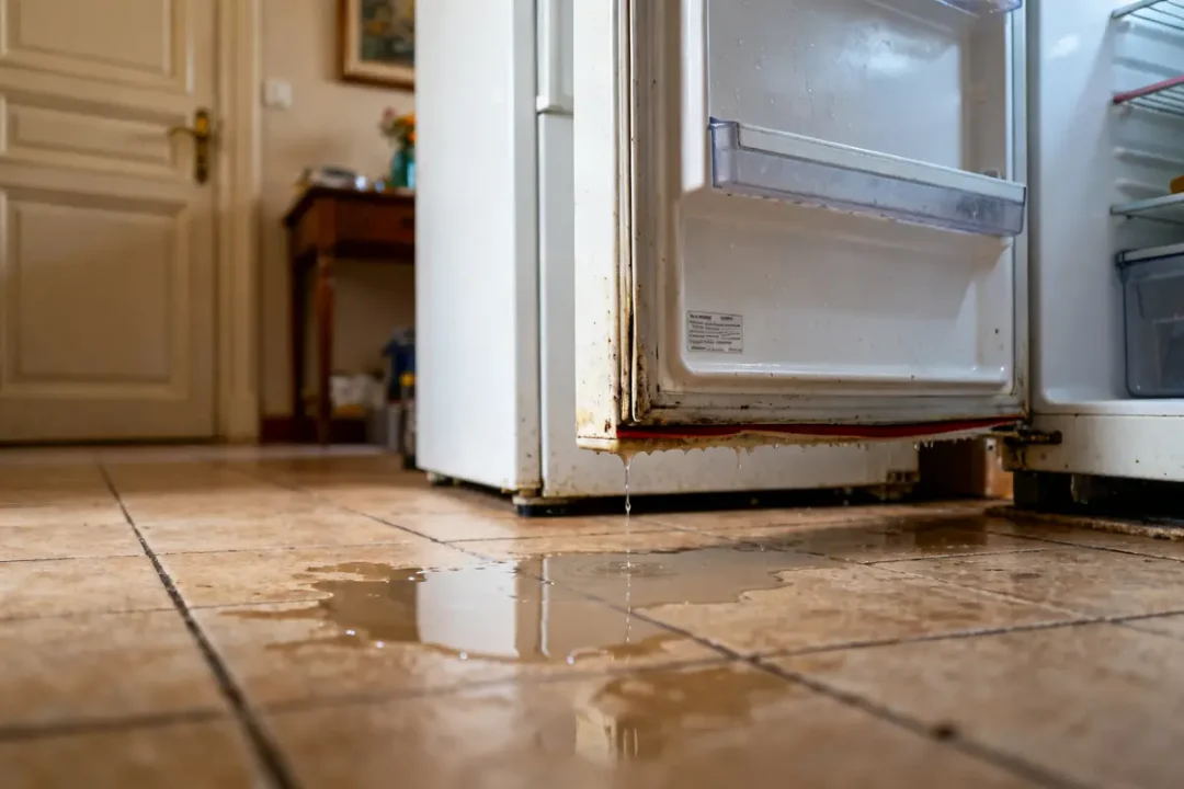 Frigo qui fuit devant sur un sol carrelé avec porte ouverte et eau stagnante