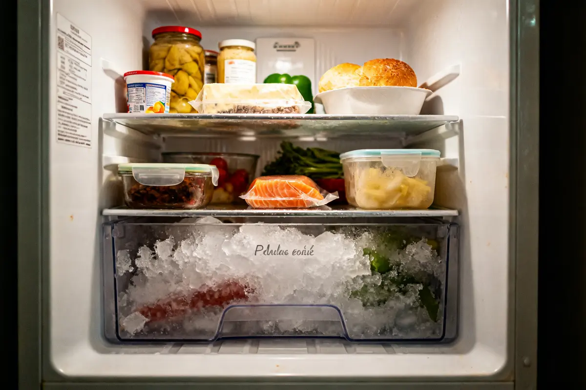 Intérieur de frigo qui gèle au fond avec aliments variés et glace accumulée