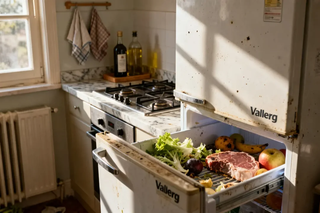 Cuisine avec frigo Valberg ouvert, rempli de nourriture, mais ne refroidit plus correctement