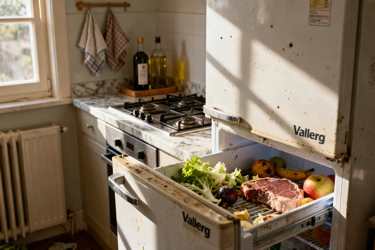 Cuisine avec frigo Valberg ouvert, rempli de nourriture, mais ne refroidit plus correctement