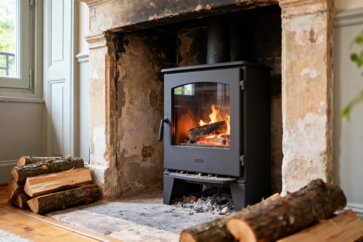 Insert cheminée ancienne avec poêle noir allumé, bûches de bois empilées à côté
