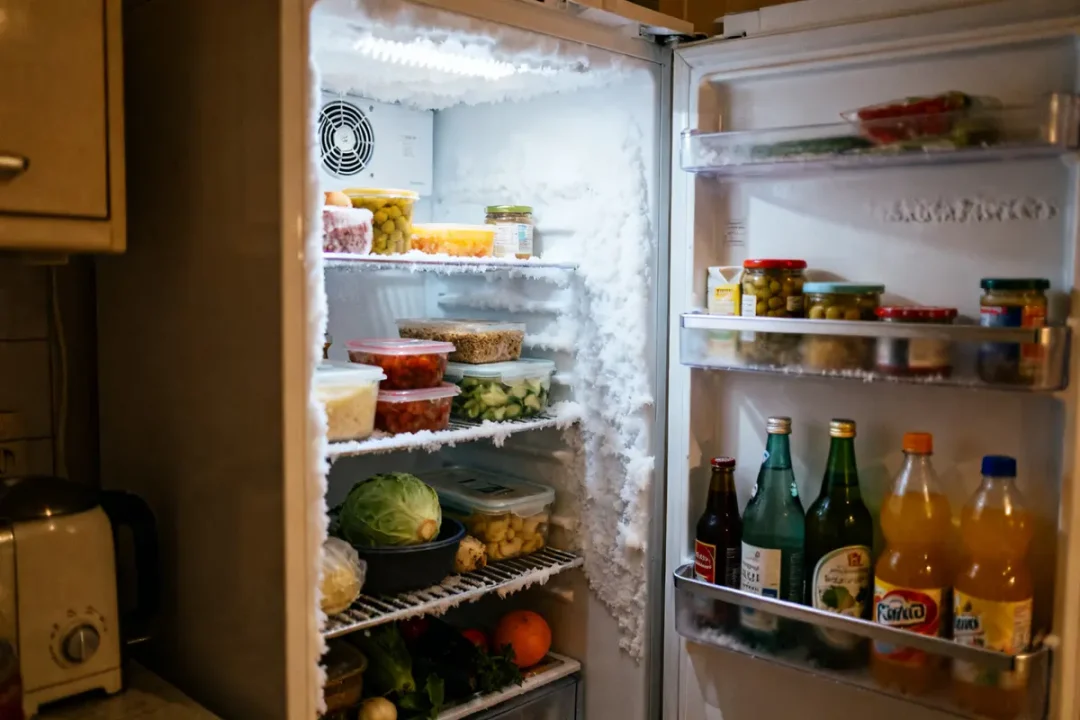 Réfrigérateur ouvert montrant des aliments et des boissons variés, mon frigo fait un bruit de grillon