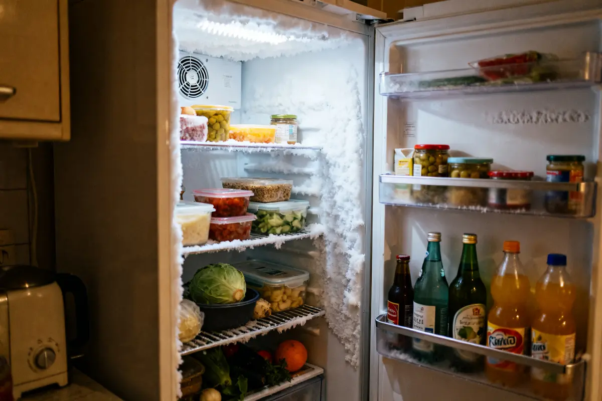 Réfrigérateur ouvert montrant des aliments et des boissons variés, mon frigo fait un bruit de grillon